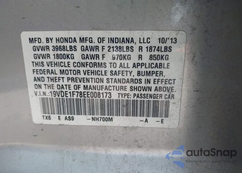 2014 Acura Ilx 2.0L z USA, uszkodzony, nr VIN 19VDE1F78EE008173